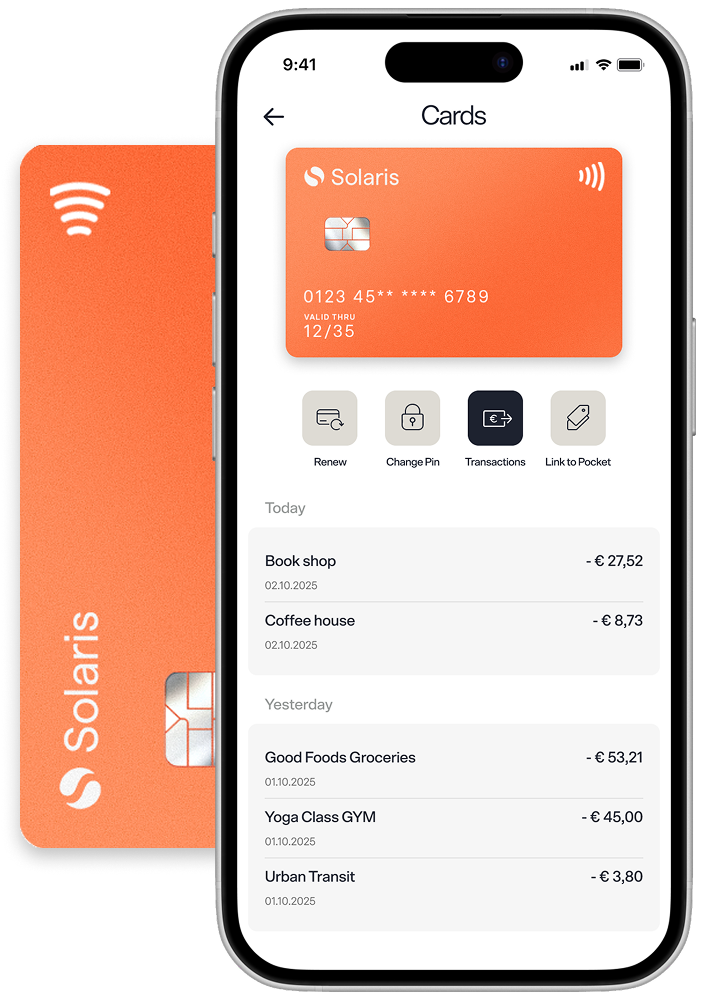 A digital mockup of a mobile screen displaying a wallet, with card, card action buttons and a list of card transactions. On the background, a picture of a physical card.