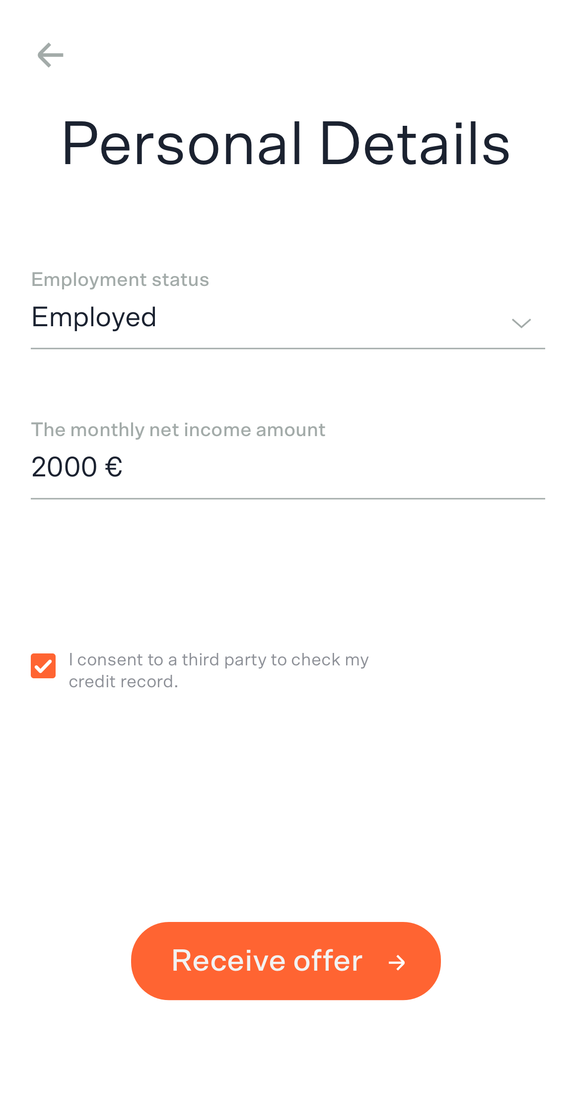 Screenshot of a mobile app screen asking the user to provide additional information, including employment status and income details.