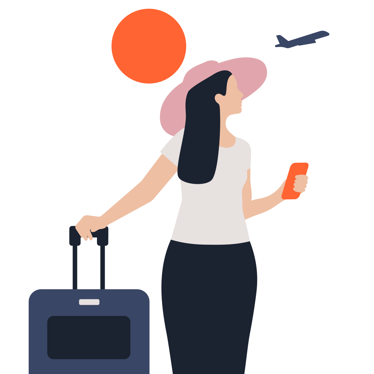 A woman is seen traveling under a sunny sky with scattered clouds. She is carrying her luggage and holding a mobile phone. An airplane is visible in the background, suggesting she is near an airport.