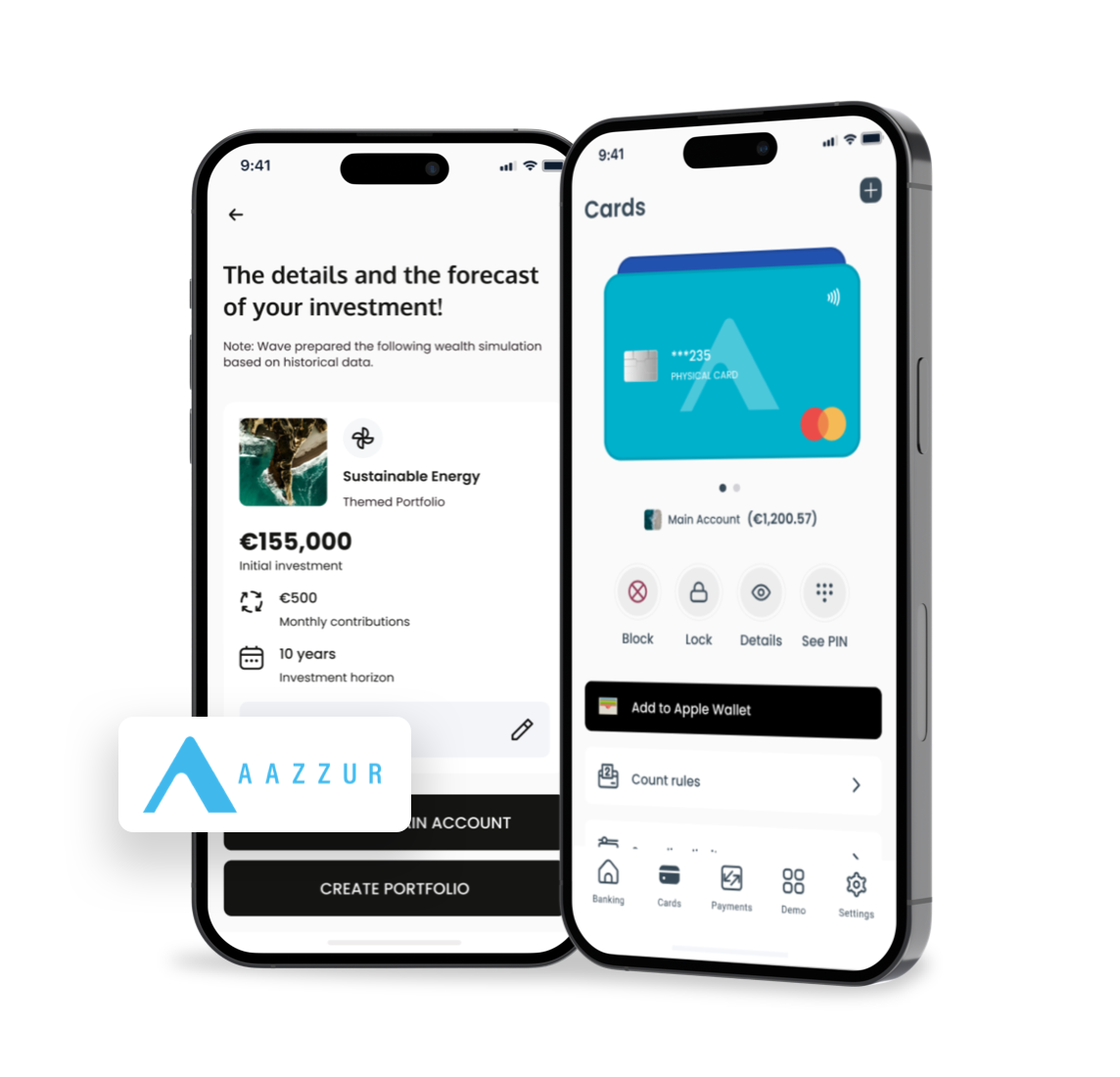 Two mobile phone frames side by side: the first shows details of an investment forecast, and the second displays a card wallet with card management options. The image also features the logo of AAZZUR.