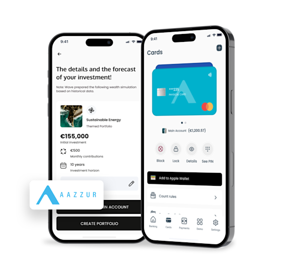Two mobile phone frames side by side: the first shows details of an investment forecast, and the second displays a card wallet with card management options. The image also features the logo of AAZZUR.