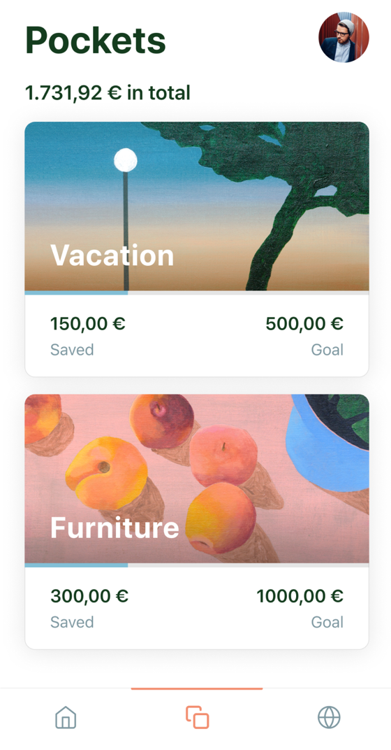 Screenshot of a mobile app showing a bank account overview with two sub-accounts labeled 'Vacation' and 'Furniture,' each displaying the saved amount and the savings goal.