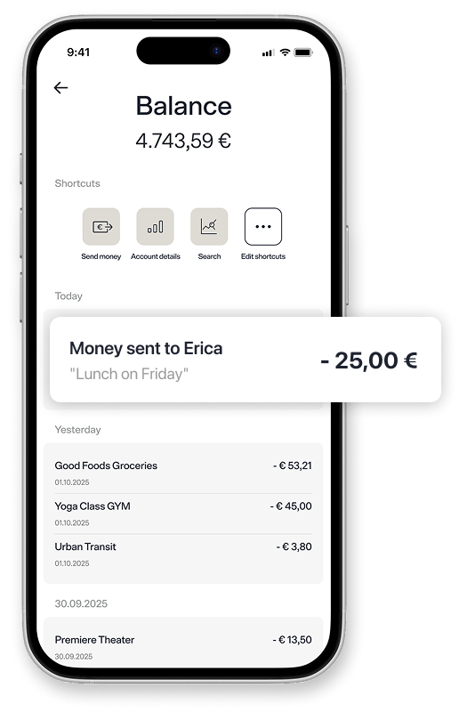 A digital mockup of a mobile screen displaying a bank account, with balance and a list of transactions. A part of the screen highlights a money transfer.
