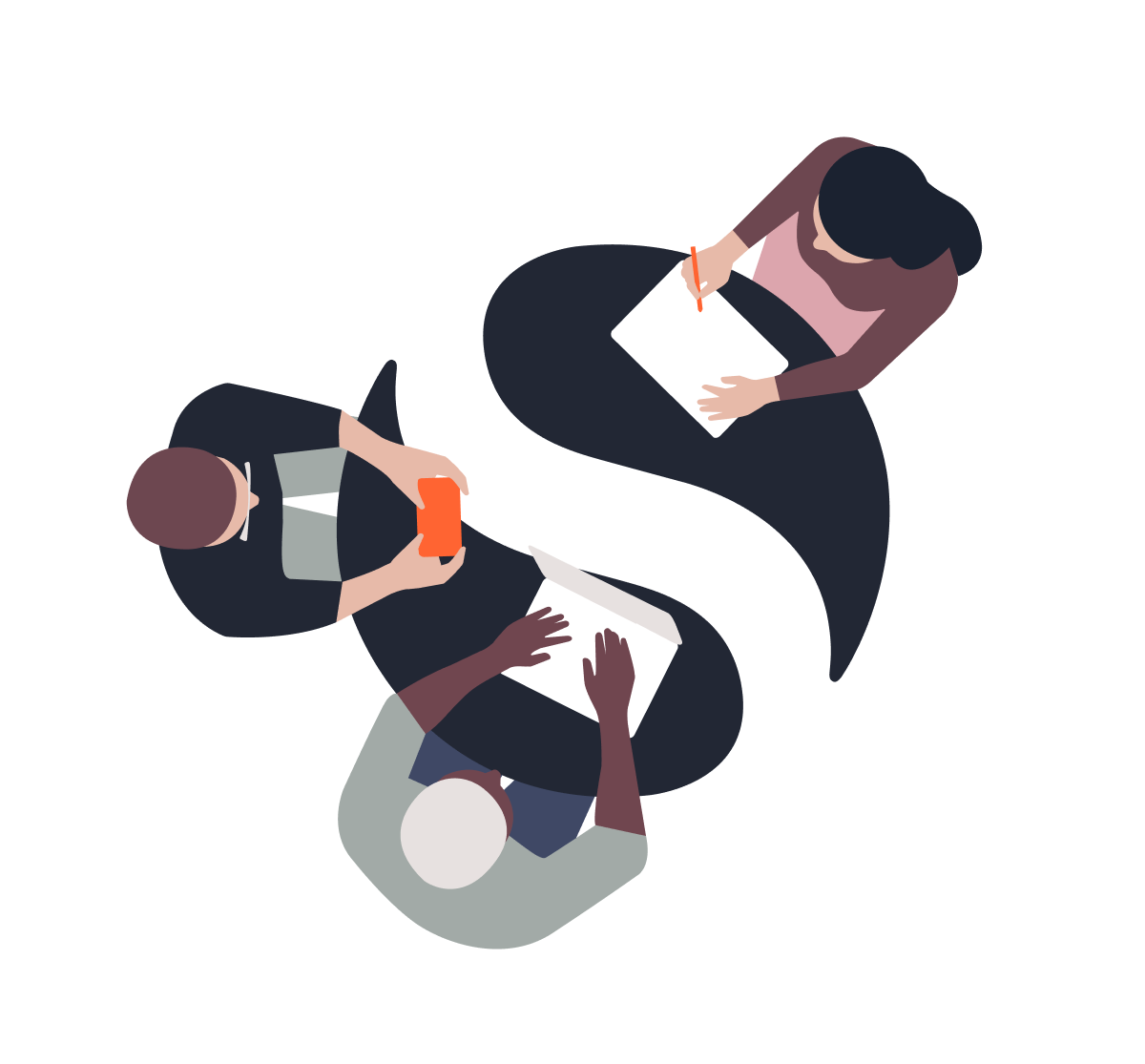 Drei Personen sitzen um einen Tisch, der die Form des Solaris-Warenzeichens hat. Einer hält ein Notizbuch in der Hand, ein anderer eine Karte, und der dritte schreibt mit einem Stift auf ein Blatt Papier. Sie führen eine geschäftliche Diskussion, planen ein Projekt und arbeiten in einem professionellen Umfeld zusammen.