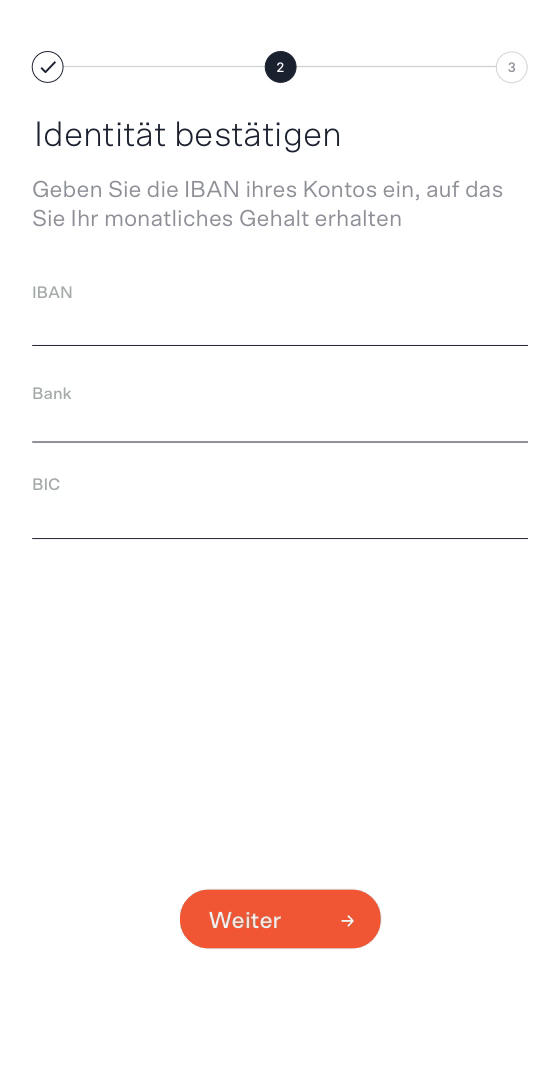 Auf einem Bildschirm wird ein Identifizierungsformular auf einem mobilen Rahmen angezeigt und der Nutzer wird aufgefordert, seine Identität zu überpr üfen, indem er seine Bankkontodaten eingibt.