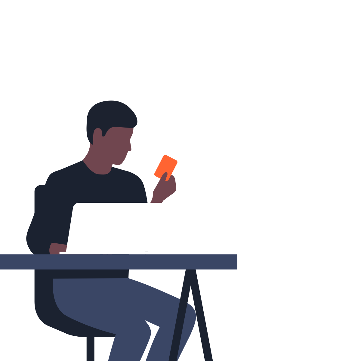 A man sits on a chair, closely examining his credit card while an open notebook rests nearby. He's doing budgeting and financial planning.