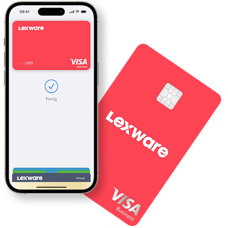 Ein Smartphone zeigt die Lexware-Kartenbörse auf seinem Bildschirm an. Hinter dem Telefon ist eine physische Lexware-Karte zu sehen.