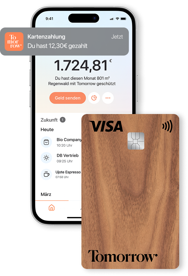 Mobile mockup displaying a payment notification and account balance information. In front, a Tomorrow card mockup.