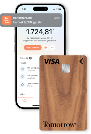Mobile mockup displaying a payment notification and account balance information. In front, a Tomorrow card mockup.