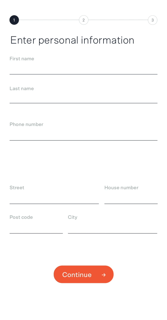A screen shows an identification form on a mobile frame and the user is prompted to enter Personal information like first name, last name, home adress and telephone number.