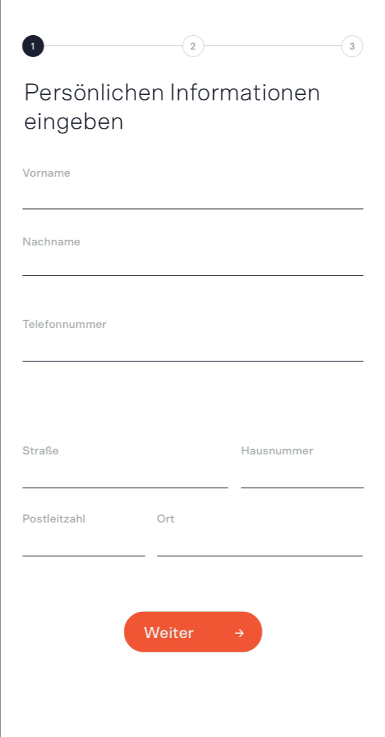 Ein Bildschirm zeigt ein Identifizierungsformular auf einem mobilen Rahmen an und der Nutzer wird aufgefordert, persönliche Daten wie Vorname, Nachname, Adresse und Telefonnummer einzugeben.