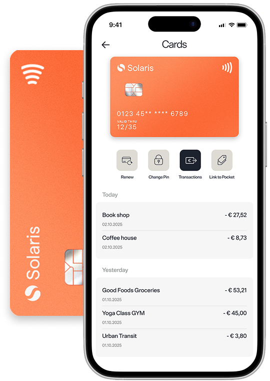 A digital mockup of a mobile screen displaying a wallet, with card, card action buttons and a list of card transactions. On the background, a picture of an orange Solaris physical card.