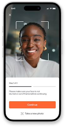 A digital mockup of a woman taking a picture of her face for a identity verification procedure.