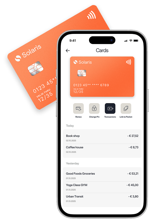 Mobile mockup of card management procedure. On the background, a Solaris orange card.