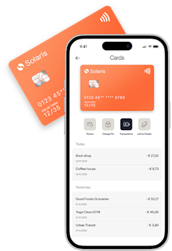 Mobile mockup of card management procedure. On the background, a Solaris orange card.
