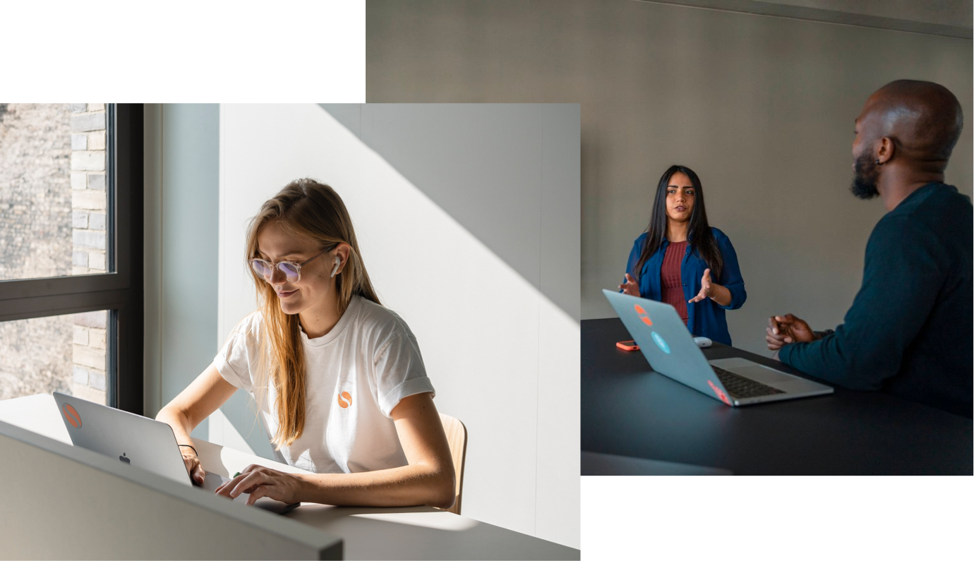 Zwei Bilder nebeneinander: links eine Frau, die an einem Schreibtisch sitzt und in ihr Notebook tippt; rechts eine Frau, die mit einem Mann in einer professionellen Umgebung ein Projekt bespricht.