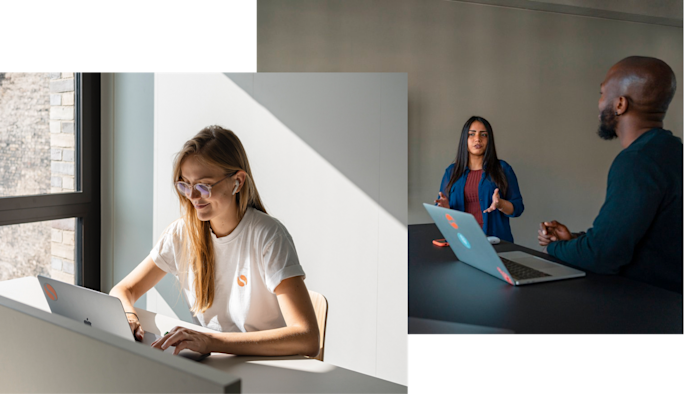 Two pictures side by side: on the left, a woman sitting at a desk typing on her notebook; on the right, a woman discussing a project with a man in a professional setting.