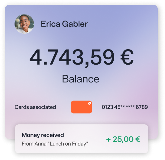A graphic representation of a person's bank account, with elements such as balance, card associated and a notification of money received.