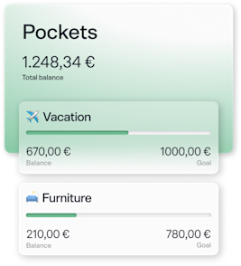 A graphic representation of a person's bank account, with elements such as different account pockets, for vacation and furniture.