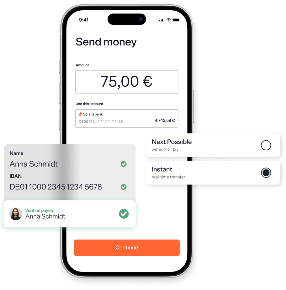 A digital mockup of a customer's "send money" screen, overlaid with elements such as verification of payee, amount and send date.