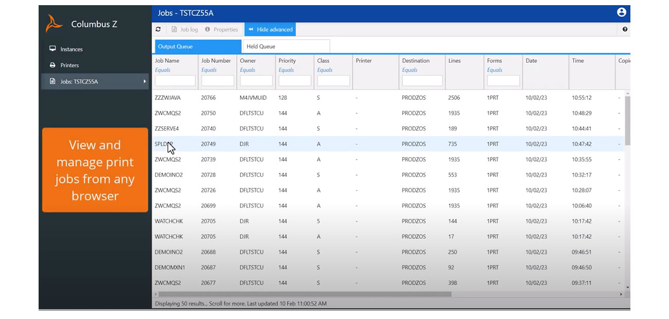 screenshot of mainframe output management web interface