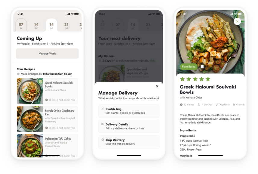Screenshots of the My Food Bag app in use
