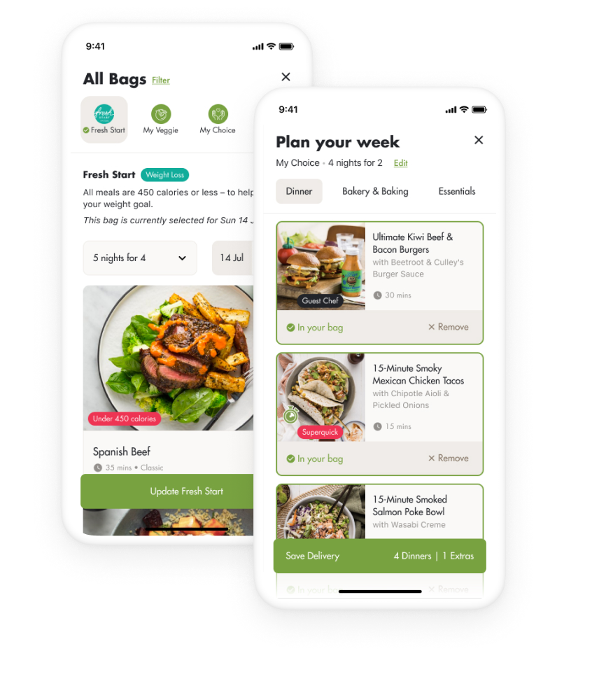 Images of phones showing the My Food Bag app in use