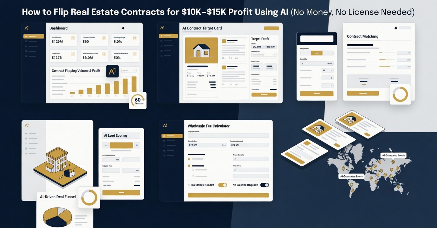 AI-powered real estate contract flipping strategy showing how to earn $10K–$15K profit from wholesale property deals