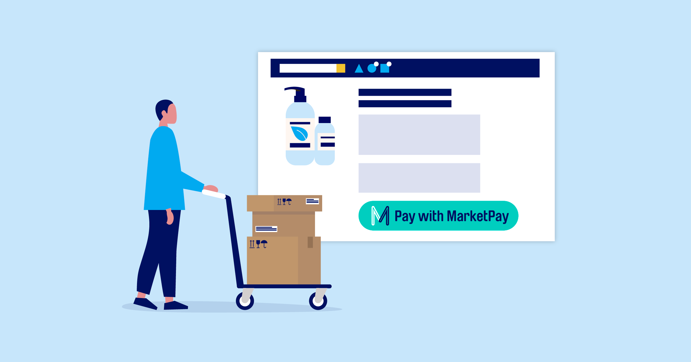 Illustration of a man with a warehouse trolley full of boxes. He's looking at a floating B2B marketplace website that has a big teal button saying "Pay with MarketPay".