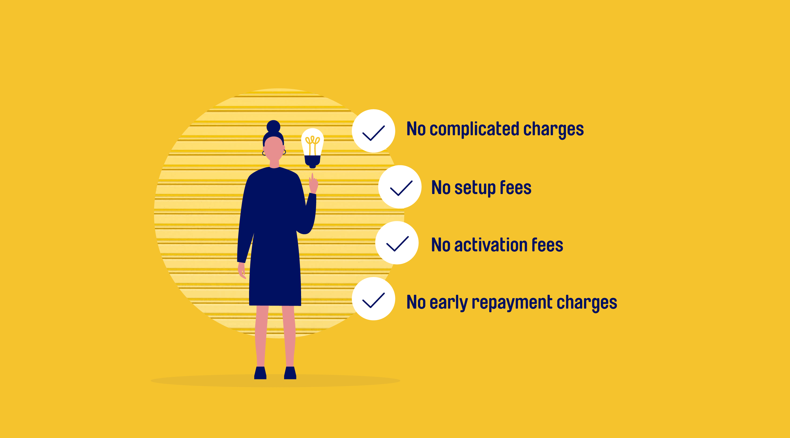Illustration of a woman with a lightbulb. Four bullet points come off the lightbulb: No complicated charges, No set up fees, No activation fees, No early repayment charges