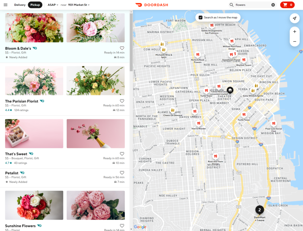 Screenshot of flower order being placed on DoorDash app