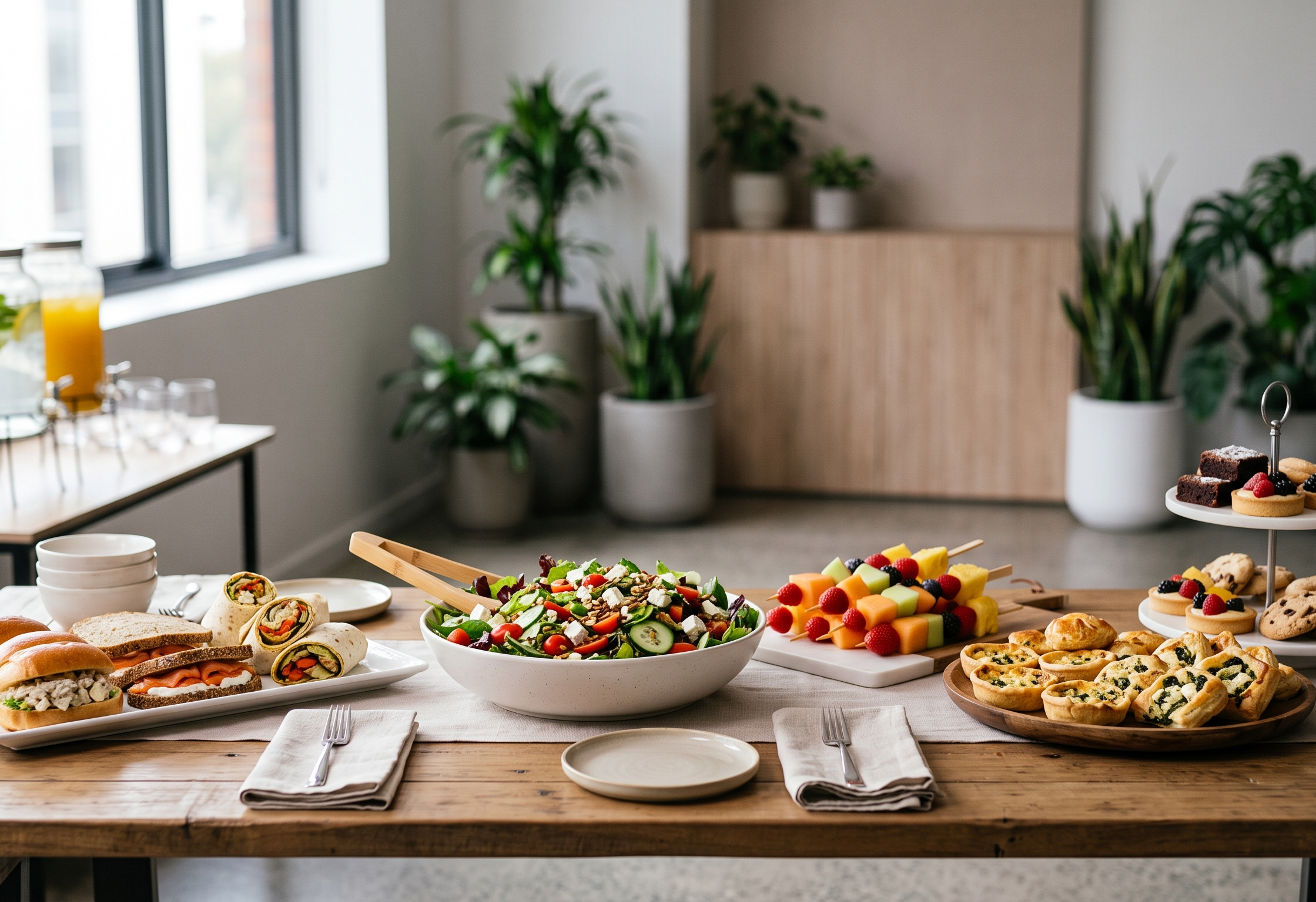 A table at an office with food