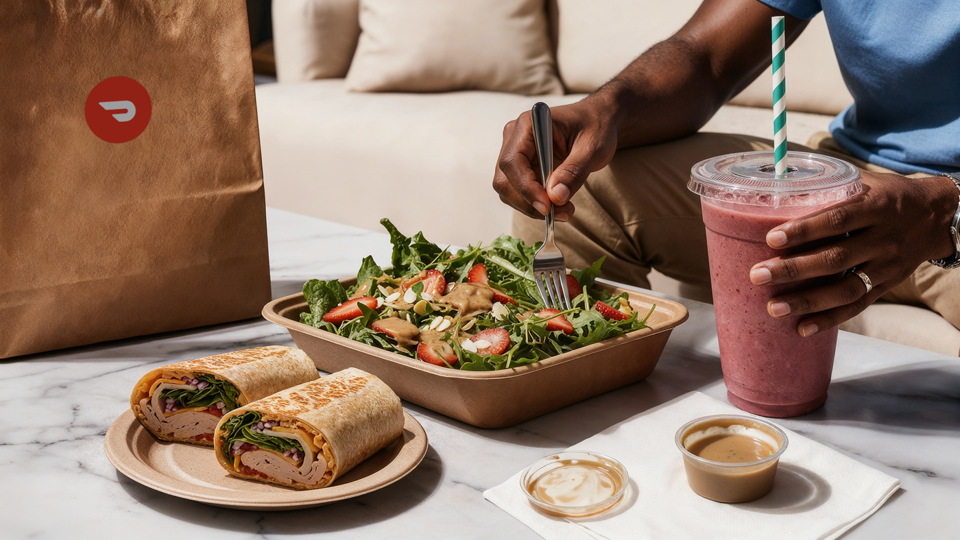 A person having lunch and a smoothie