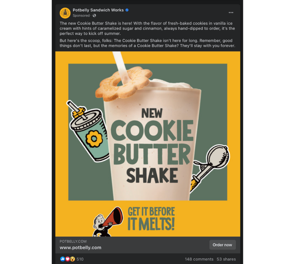 Potbelly Sandwich Facebook Ad featuring a cookie butter shake