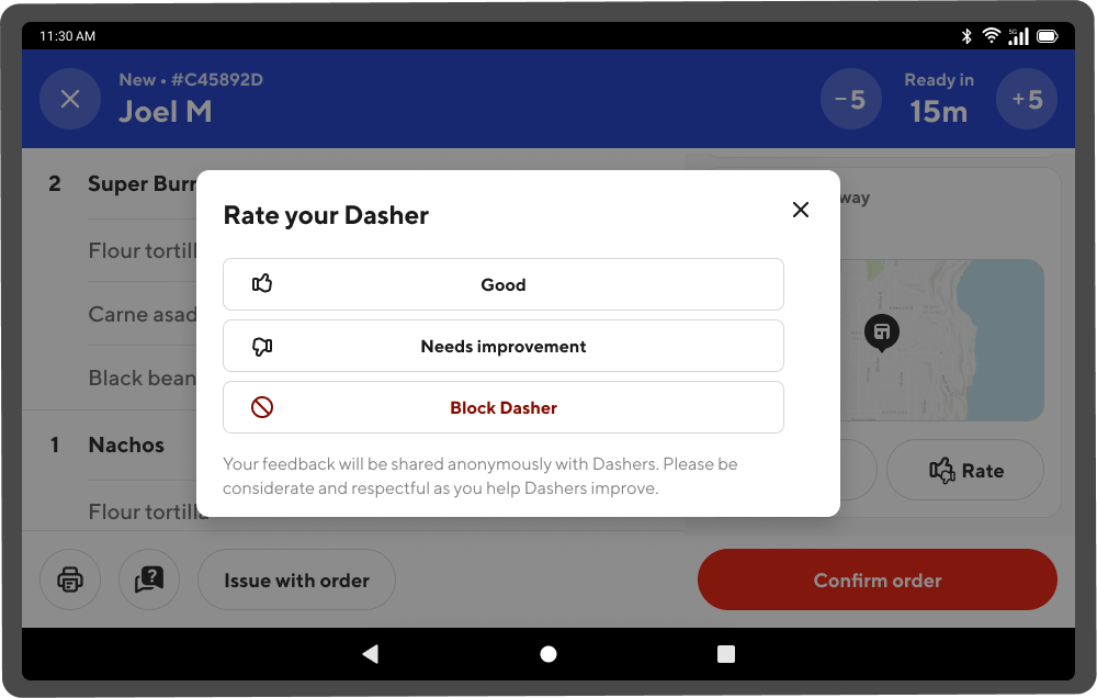 Mx Tablet: Rate your dasher -options