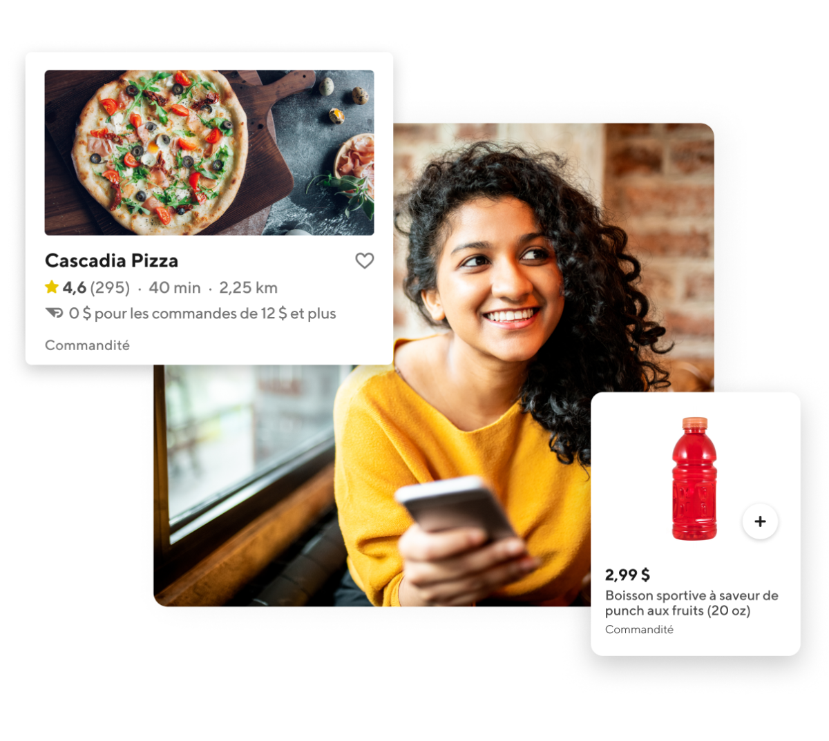 Woman on phone smiling with two DoorDash ads above