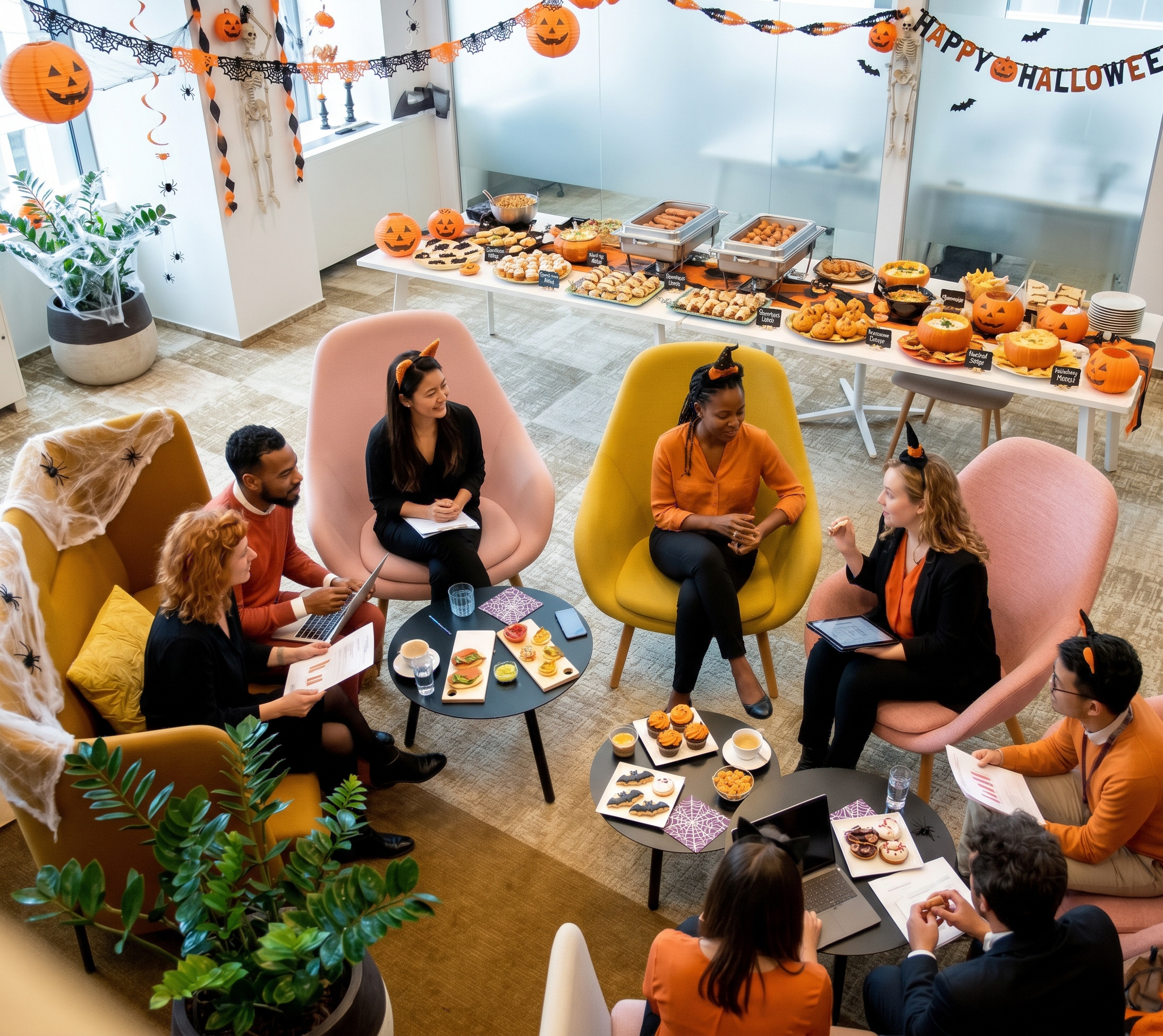 Coworkers sitting down an lunch in a Halloween themed potluck