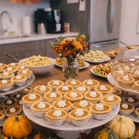 Mini pumpkin pies served on platters at a Thanksgiving potluck in the office