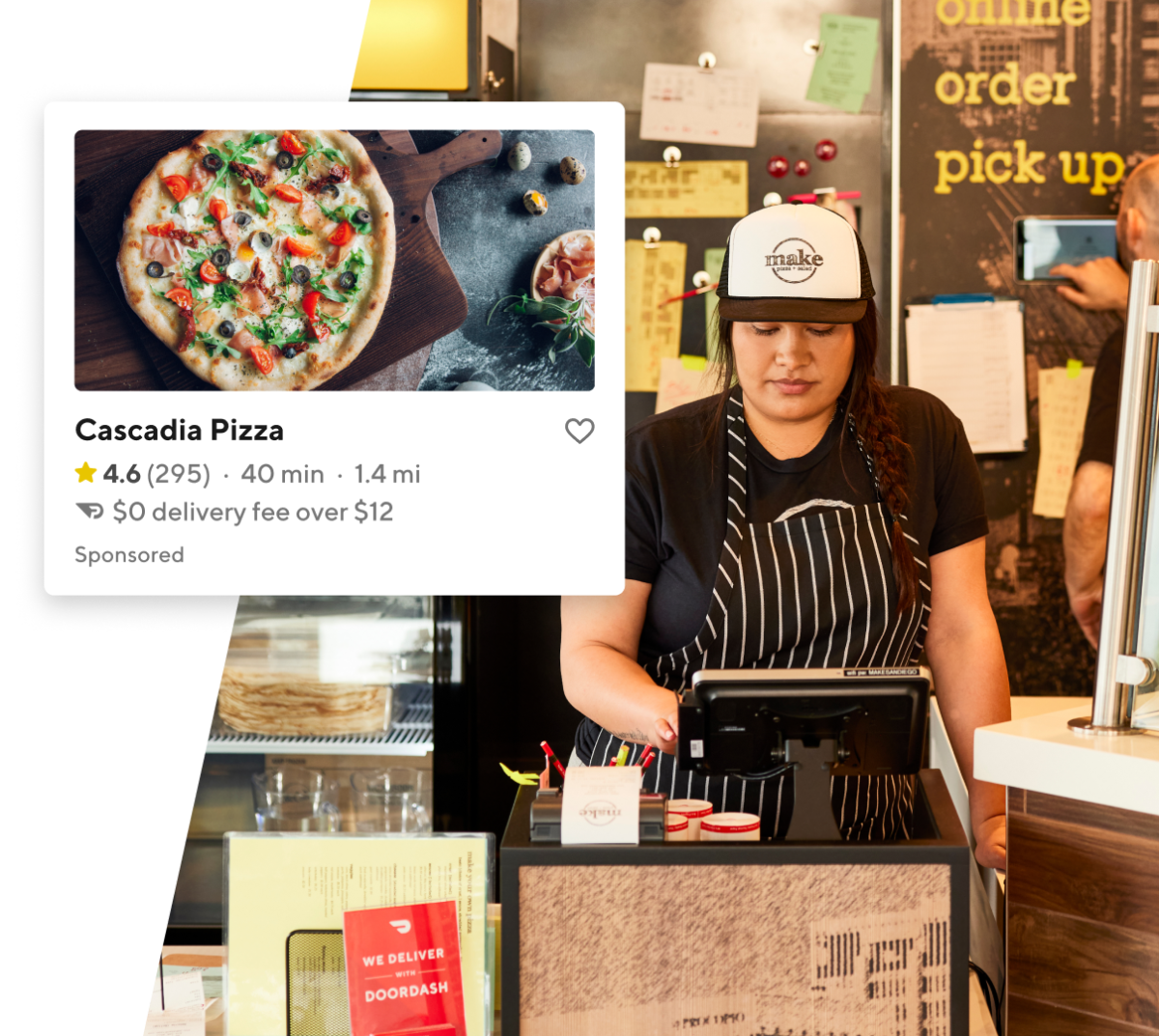 person working at a restaurant register and an advertisement for a pizza on DoorDash