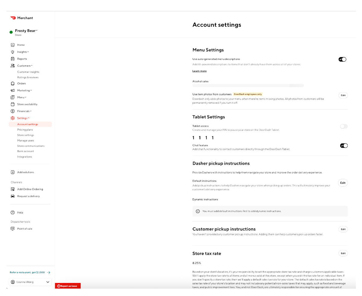 Merchant Portal - Account settings