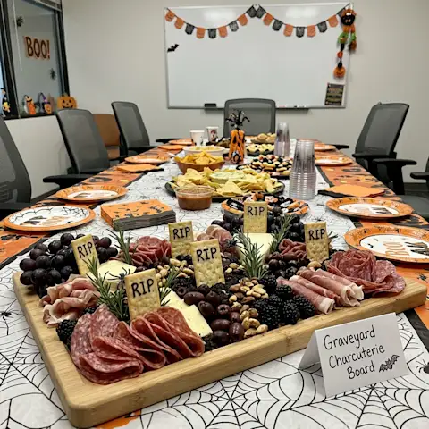 Halloween themed charcuterie board in an office setup