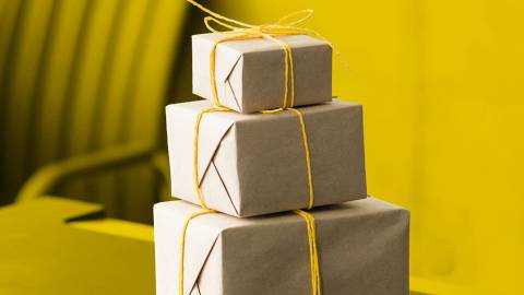 Packaged office gifts sitting on a desk