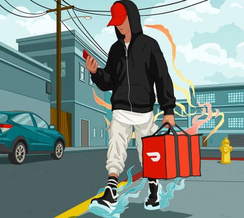 Dx Blog (US/CA/AU/NZ) - Contacting Dasher Support - Illustration of Dasher walking with bag/app