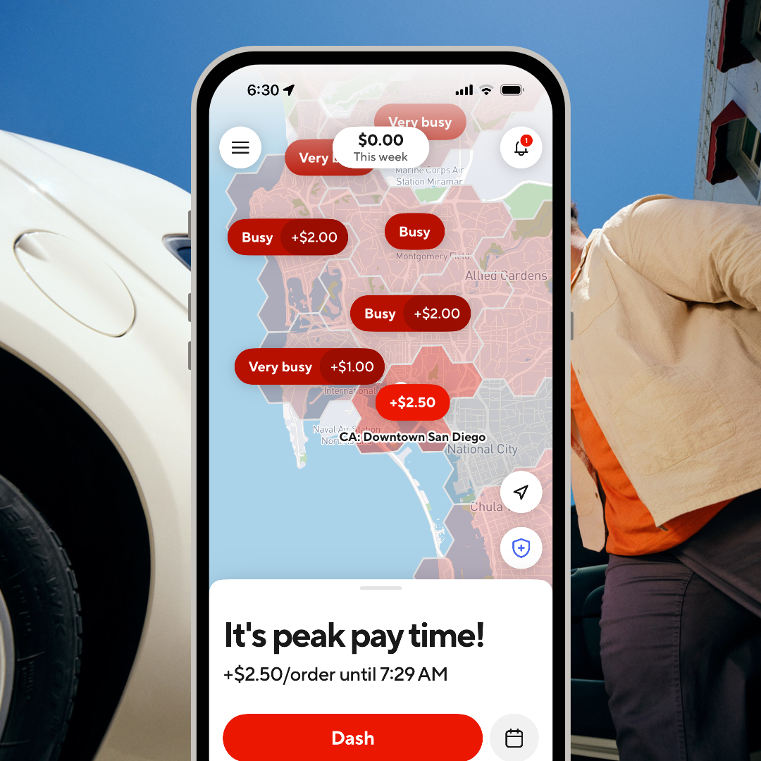 Screenshot of the Dasher app showing peak pay time in San Diego