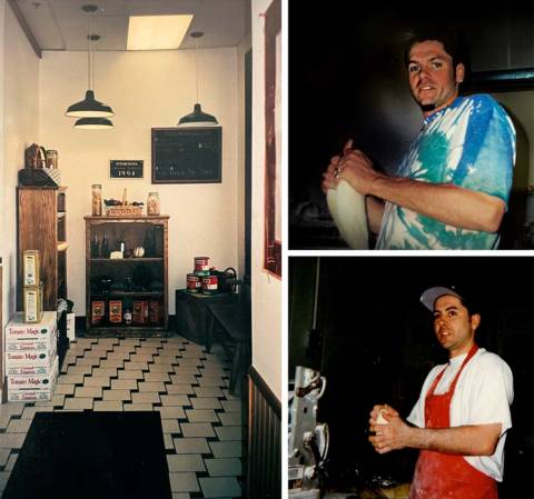 Photo collage of merchants, including preparing food (Vero Pizza)