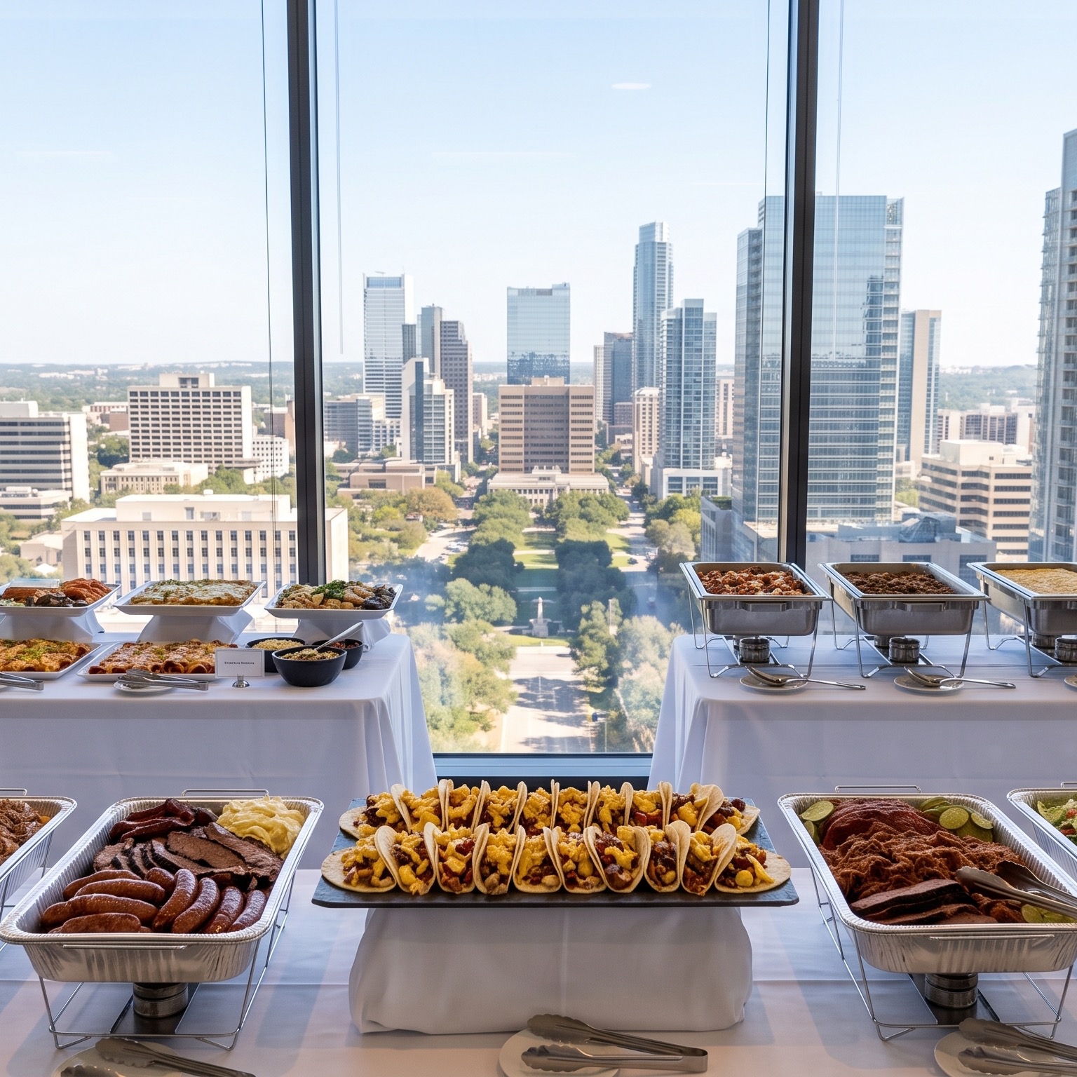 Tex-Mex food, breakfast tacos, bbq served in platters in an office in Austin