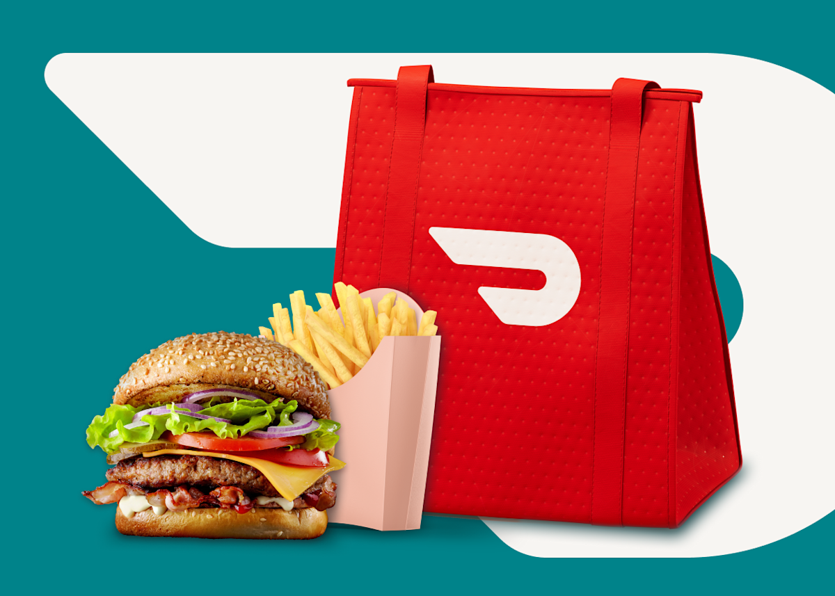 A burger and fries delivered via DoorDash with DashPass. 
