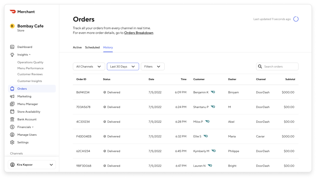 Merchant Portal - Order History