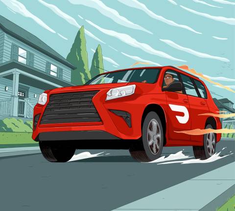 Dx Blog (US/CA/AU/NZ) - How to Use the DoorDash Dasher App - Illustration DoorDash branded vehicle rushing to rescue