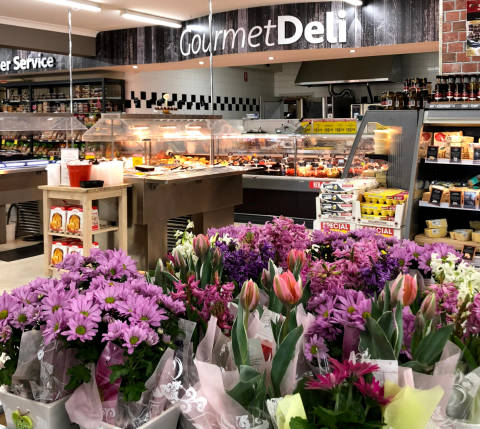 bouquets of flowers in supermarket